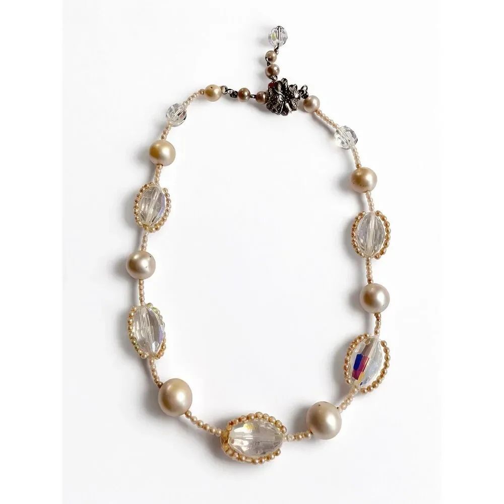 Vendome VTG clear ab crystal & faux pearl choker necklace chunky Glam Signed